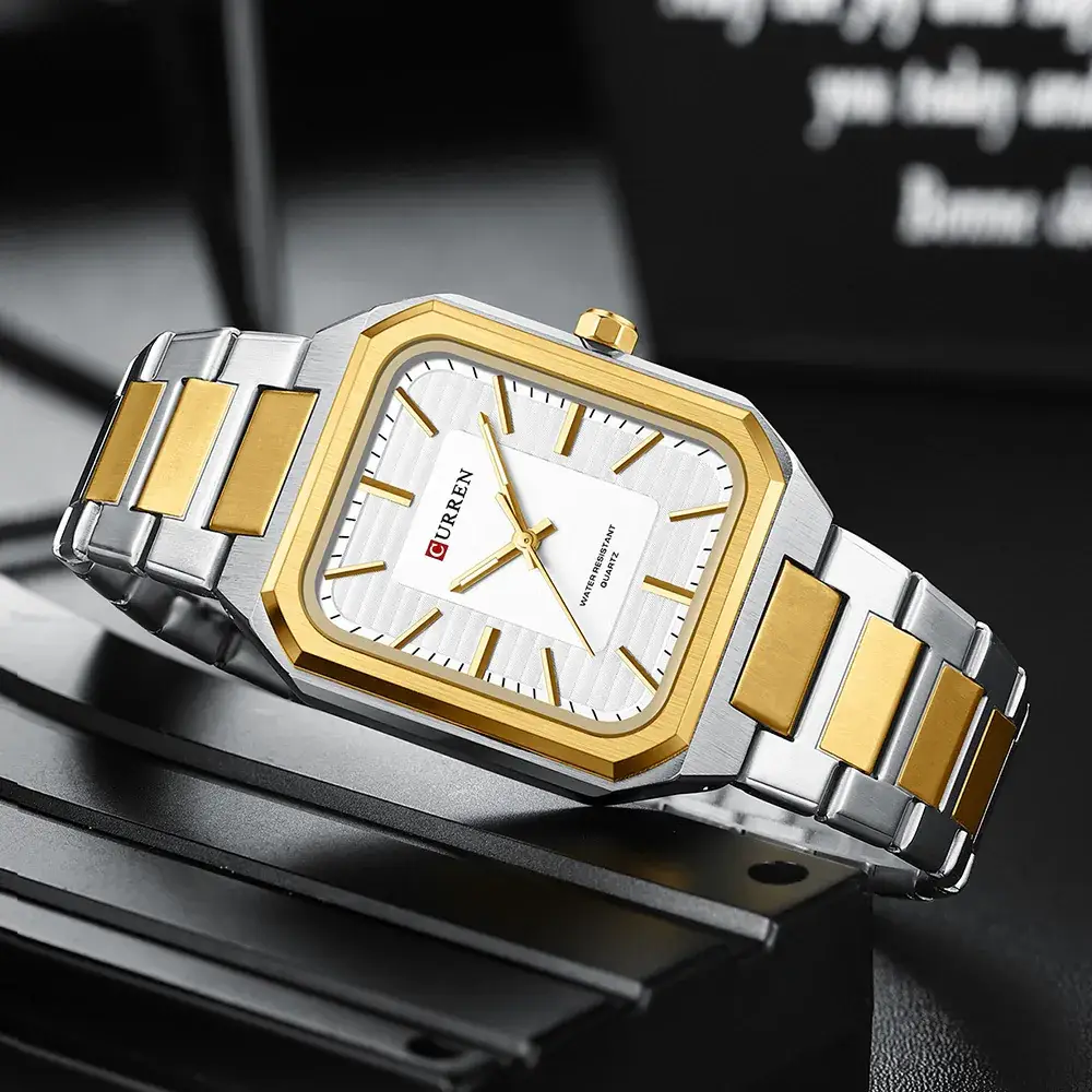 Men's Gold Silver Quartz Watch with Chain Strap