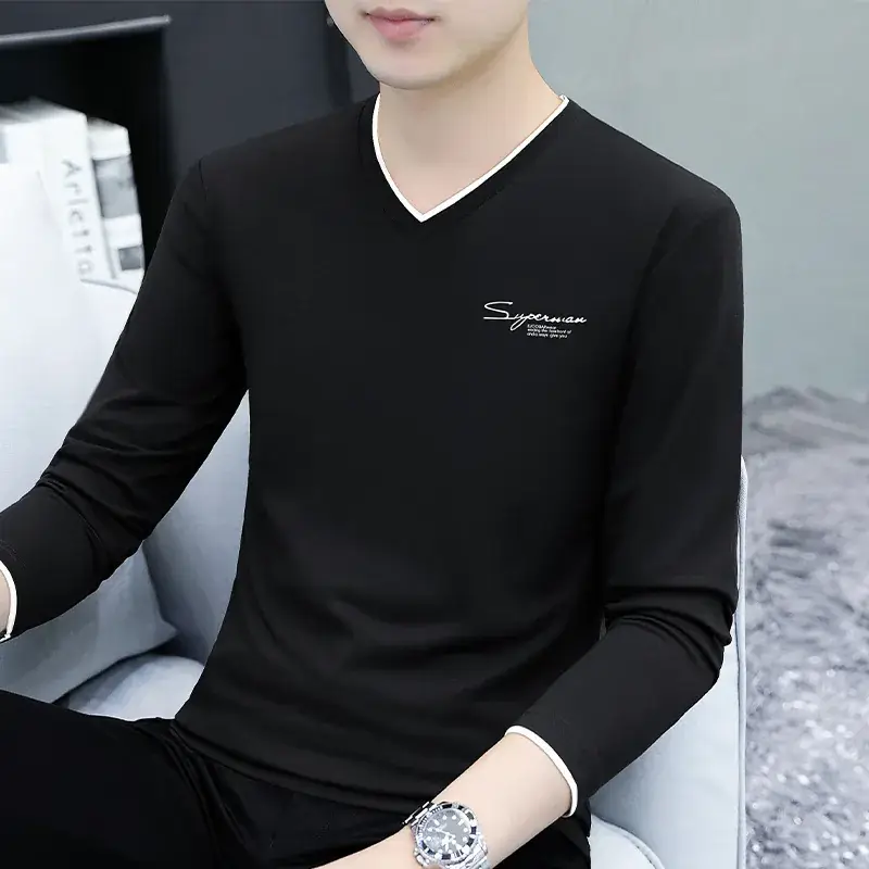 Men V-Neck Long Sleeve Black T-Shirt Spring Autumn