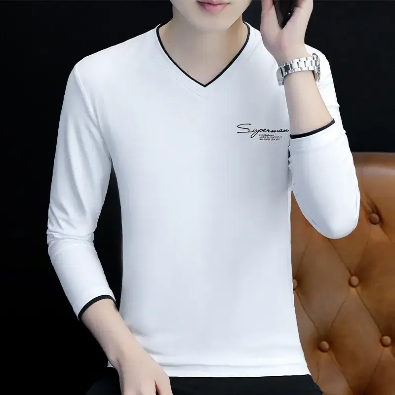 Men V-Neck Long Sleeve Black T-Shirt Spring Autumn