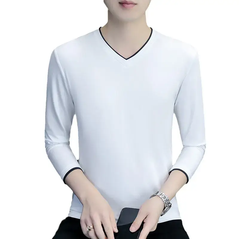 Men V-Neck Long Sleeve Black T-Shirt Spring Autumn