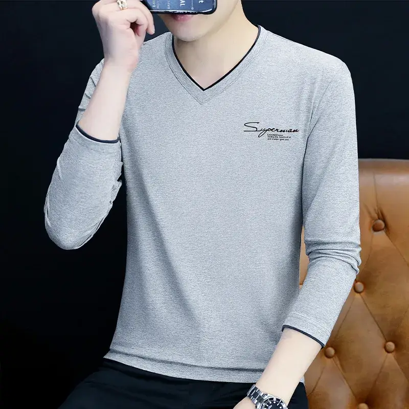 Men V-Neck Long Sleeve Black T-Shirt Spring Autumn