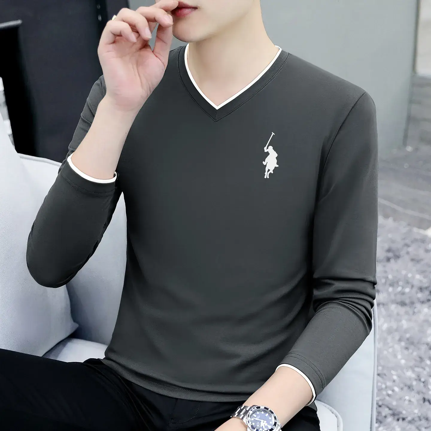 Men V-Neck Long Sleeve Black T-Shirt Spring Autumn