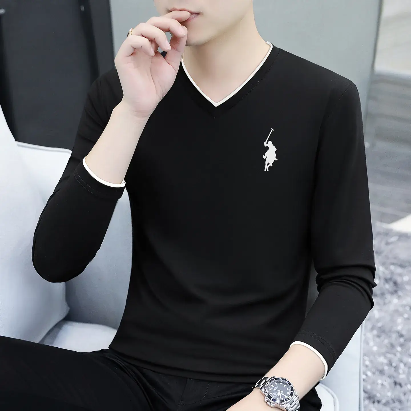 Men V-Neck Long Sleeve Black T-Shirt Spring Autumn