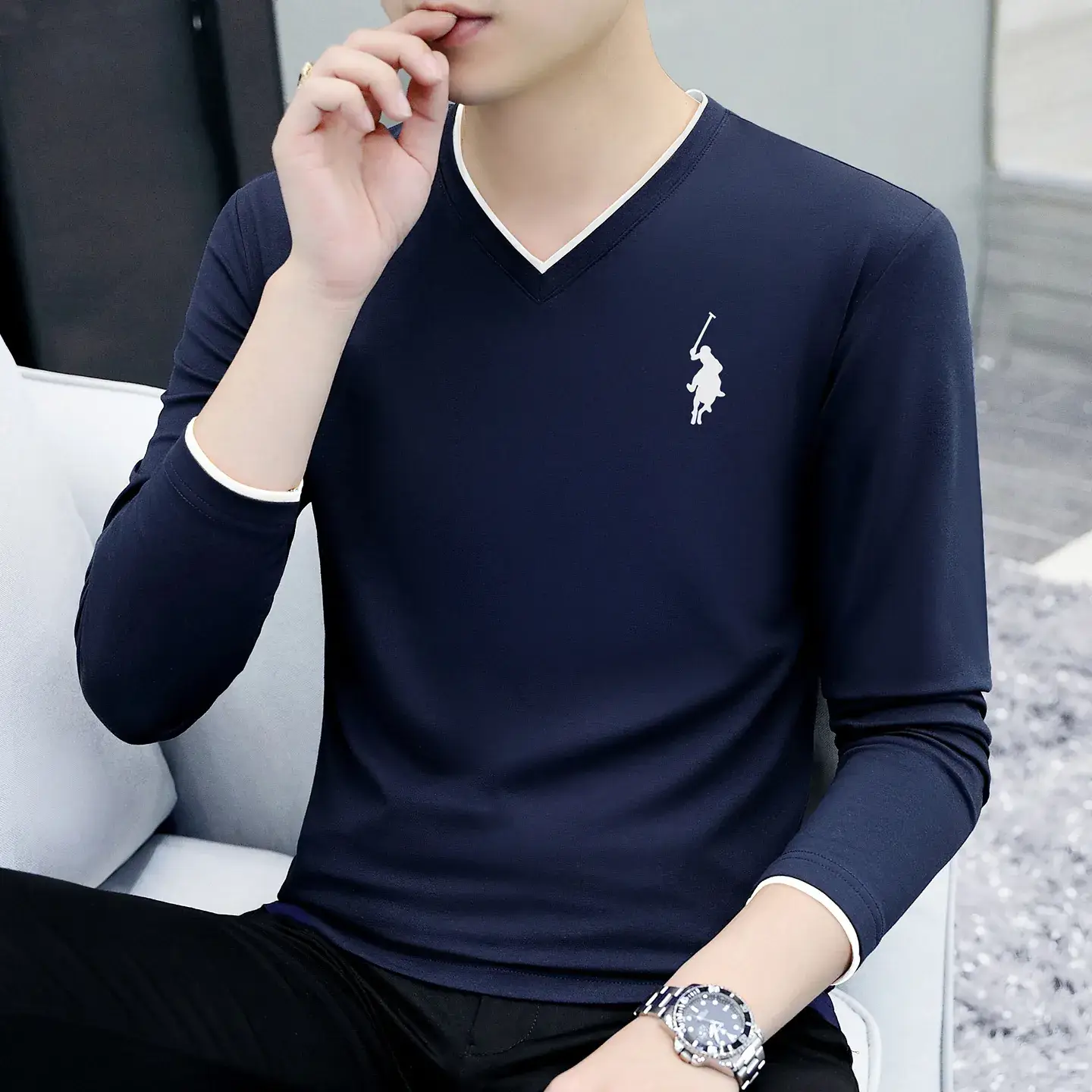 Men V-Neck Long Sleeve Black T-Shirt Spring Autumn