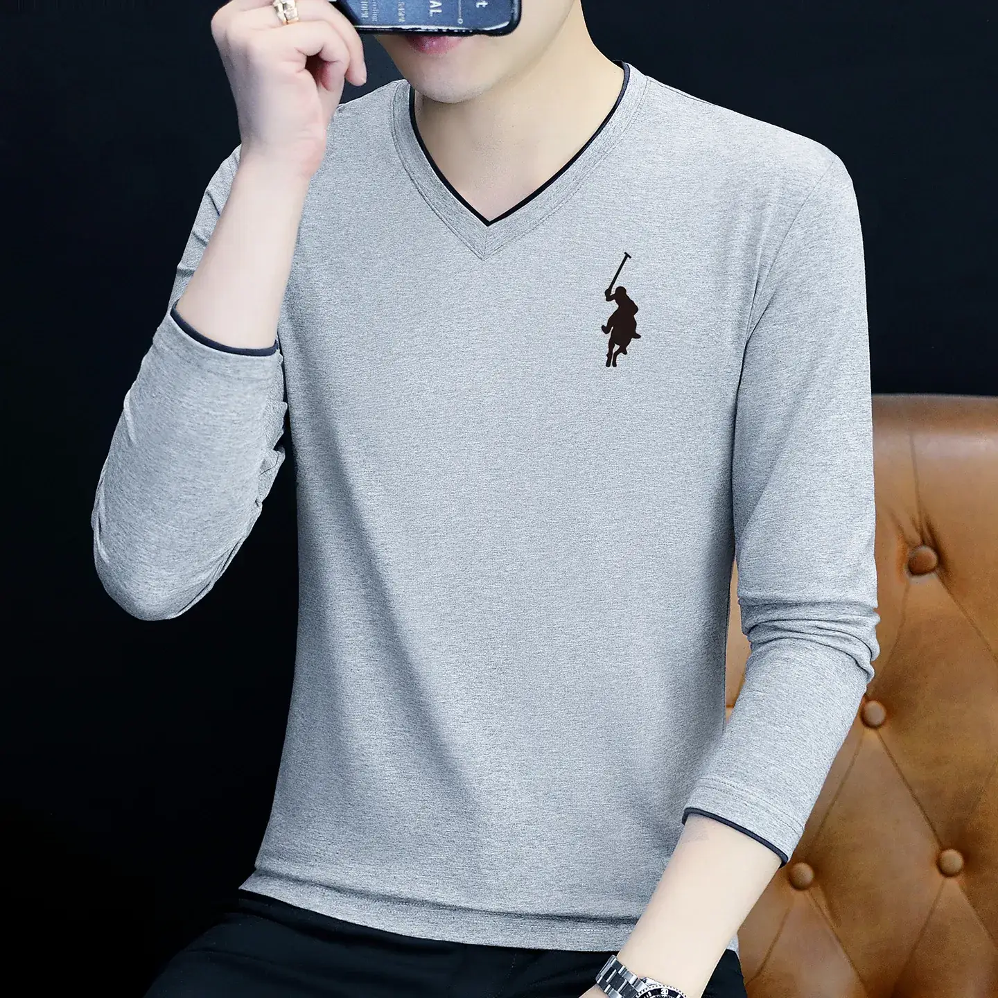 Men V-Neck Long Sleeve Black T-Shirt Spring Autumn