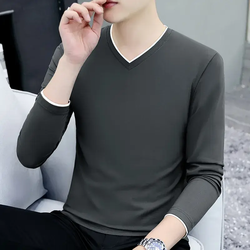 Men V-Neck Long Sleeve Black T-Shirt Spring Autumn