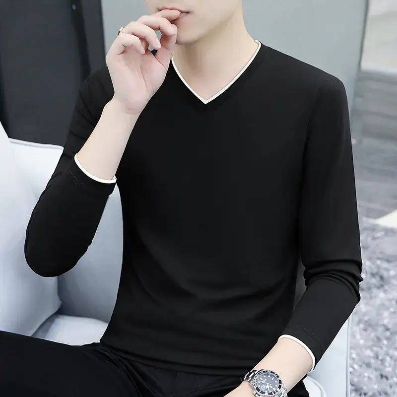 Men V-Neck Long Sleeve Black T-Shirt Spring Autumn