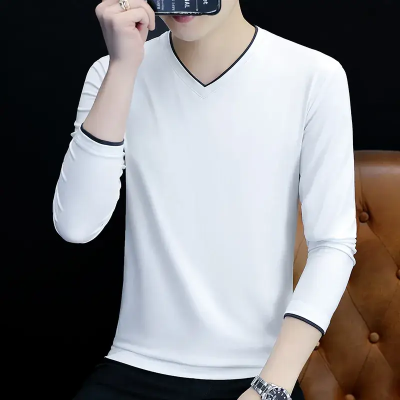 Men V-Neck Long Sleeve Black T-Shirt Spring Autumn