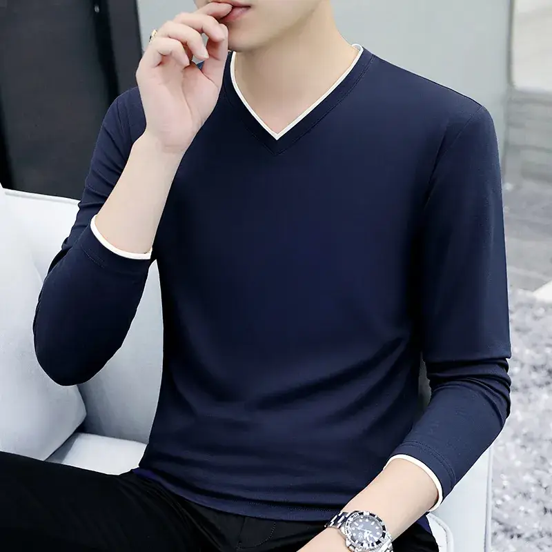 Men V-Neck Long Sleeve Black T-Shirt Spring Autumn