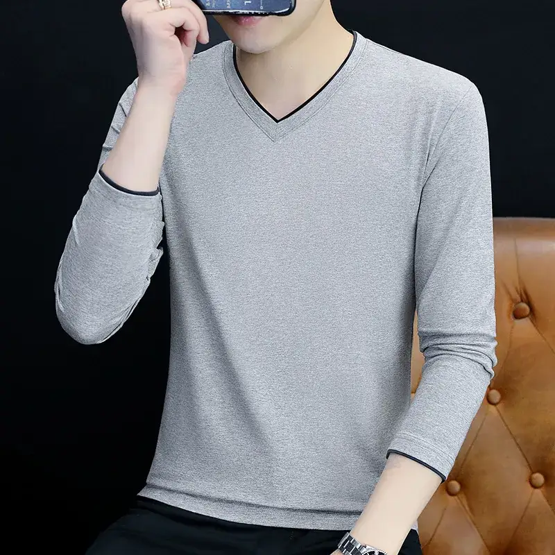 Men V-Neck Long Sleeve Black T-Shirt Spring Autumn