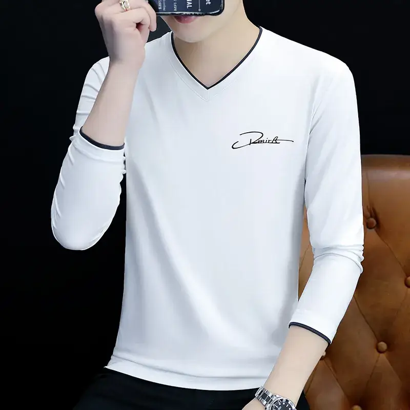 Men V-Neck Long Sleeve Black T-Shirt Spring Autumn