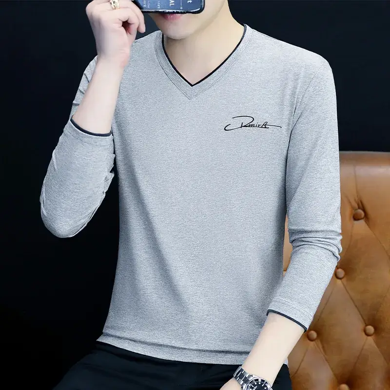 Men V-Neck Long Sleeve Black T-Shirt Spring Autumn