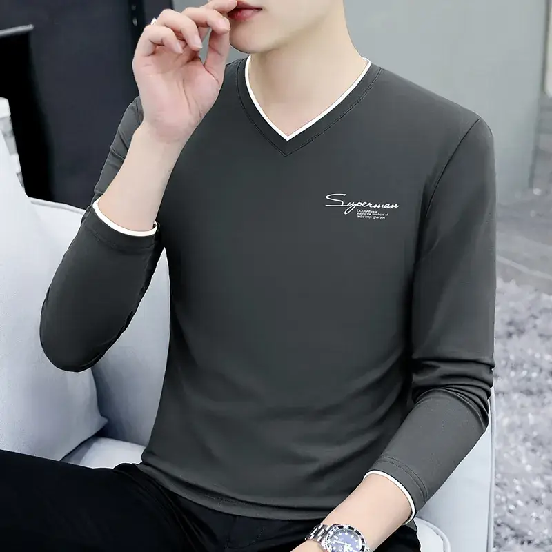 Men V-Neck Long Sleeve Black T-Shirt Spring Autumn