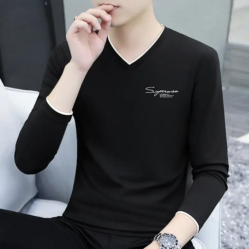 Men V-Neck Long Sleeve Black T-Shirt Spring Autumn