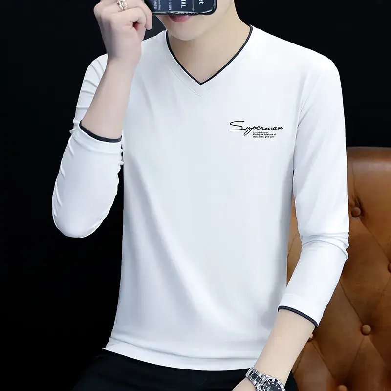 Men V-Neck Long Sleeve Black T-Shirt Spring Autumn