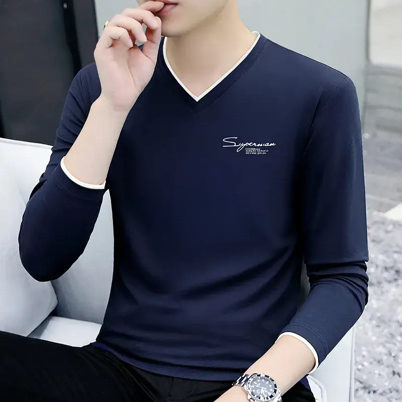 Men V-Neck Long Sleeve Black T-Shirt Spring Autumn