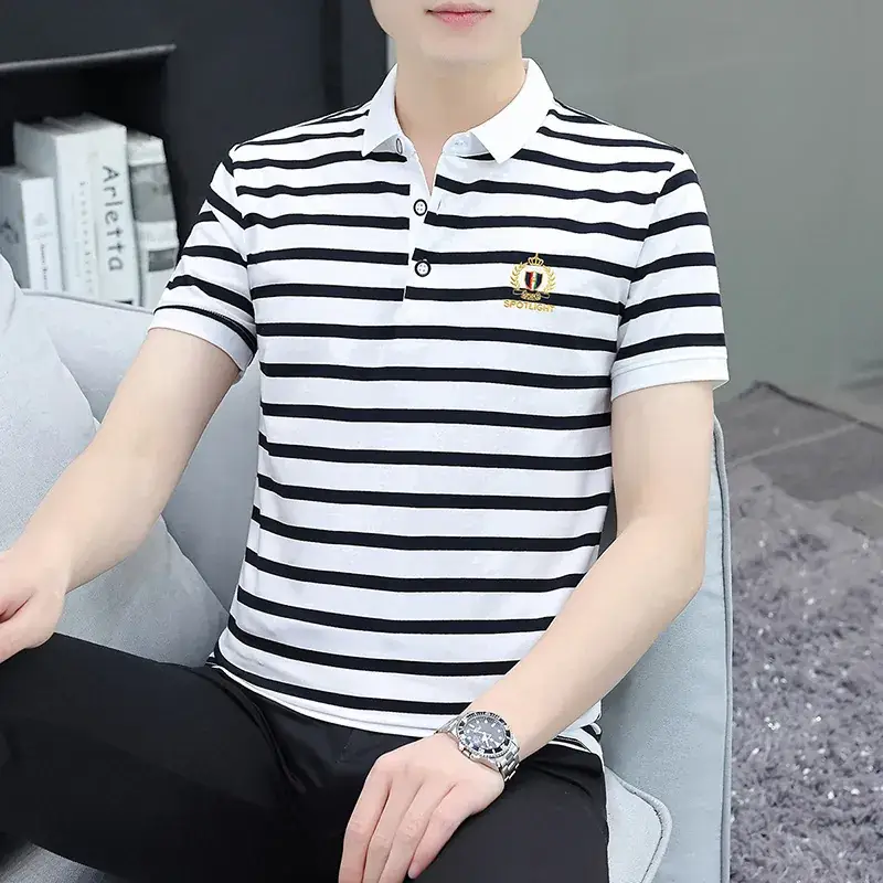 Men Striped Polo T-Shirt Green White Medium - Image 12