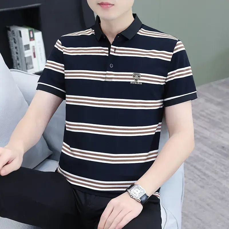 Men Striped Polo T-Shirt Green White Medium - Image 13