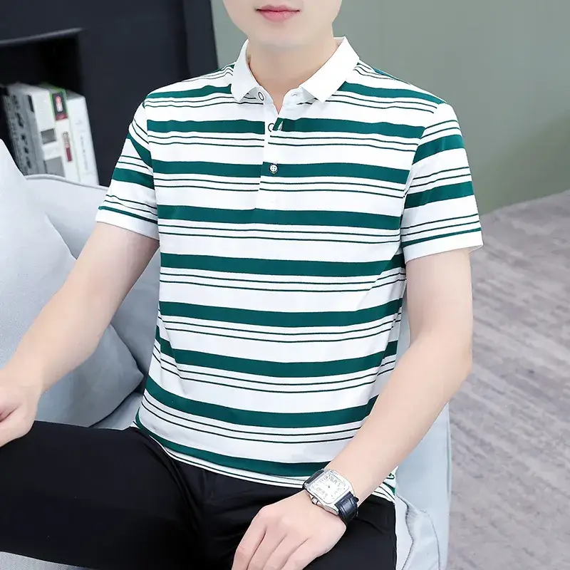 Men Striped Polo T-Shirt Green White Medium - Image 14