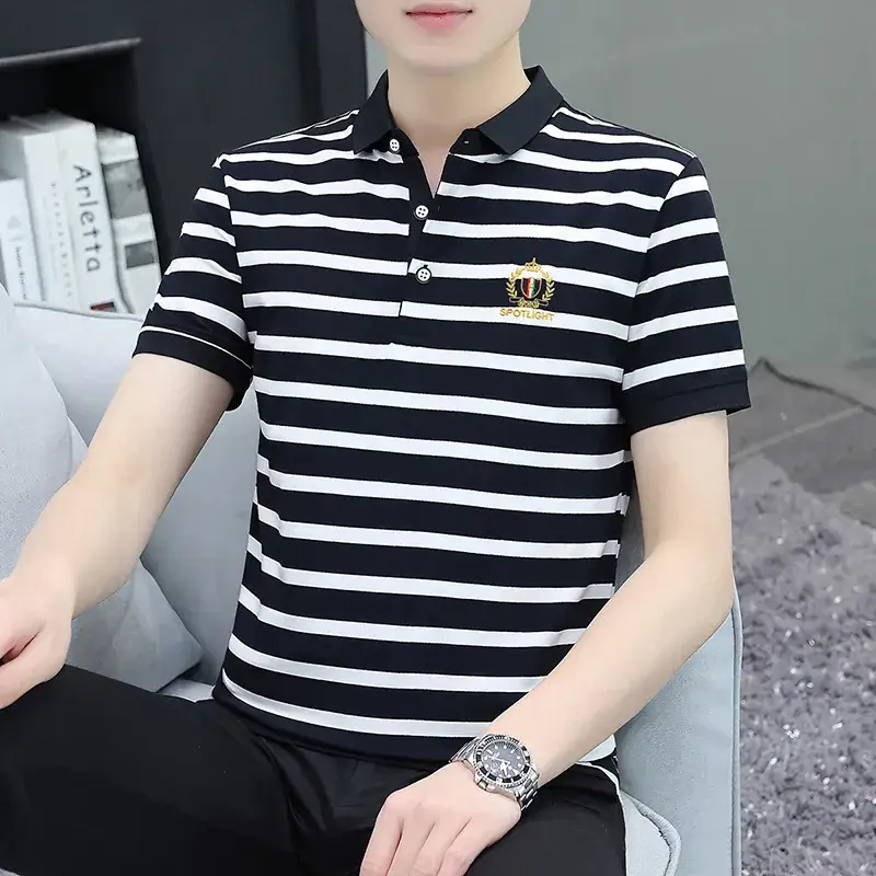 Men Striped Polo T-Shirt Green White Medium - Image 2