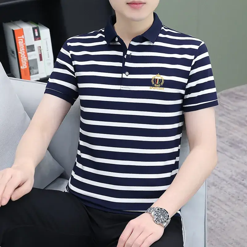 Men Striped Polo T-Shirt Green White Medium - Image 3
