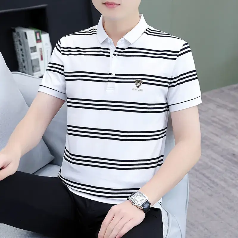 Men Striped Polo T-Shirt Green White Medium - Image 4