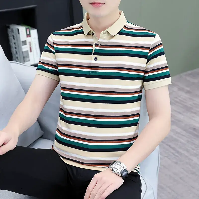Men Striped Polo T-Shirt Green White Medium - Image 6