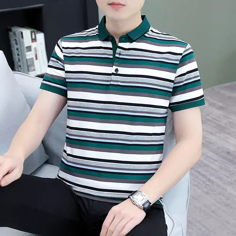 Men Striped Polo T-Shirt Green White Medium - Image 7