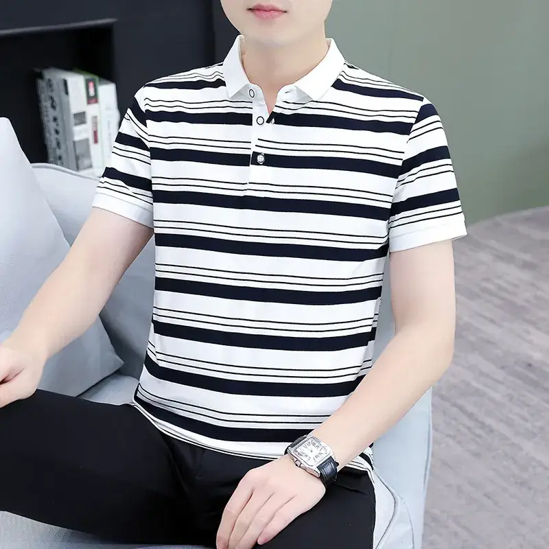 Men Striped Polo T-Shirt Green White Medium - Image 8