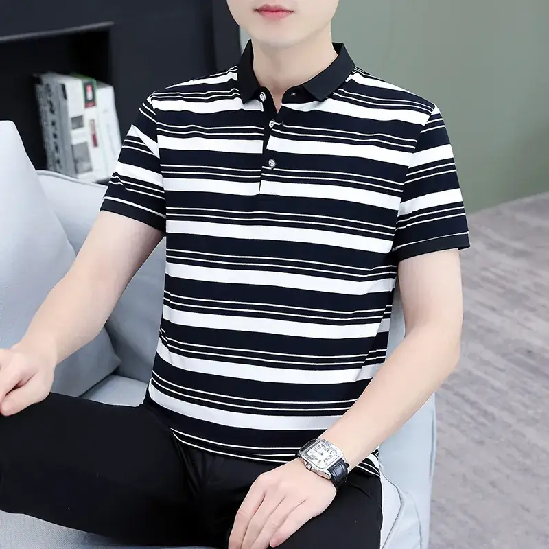Men Striped Polo T-Shirt Green White Medium - Image 9