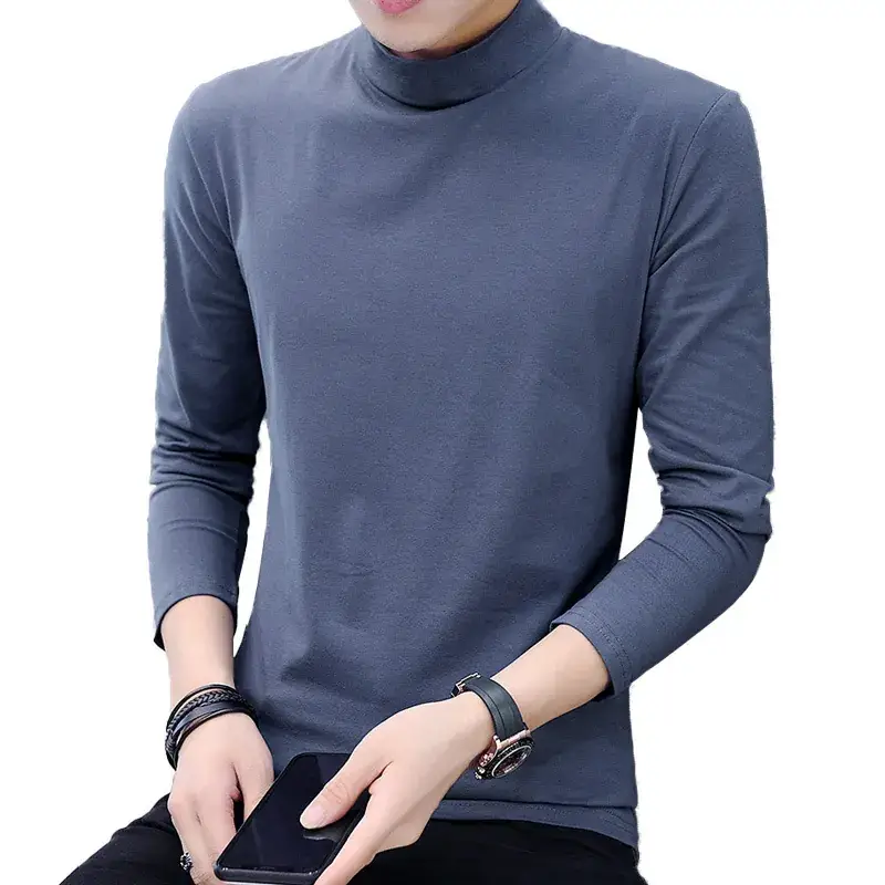 Men's 2025 Long Sleeve T-Shirt Solid Blue Slim Fit - Image 19