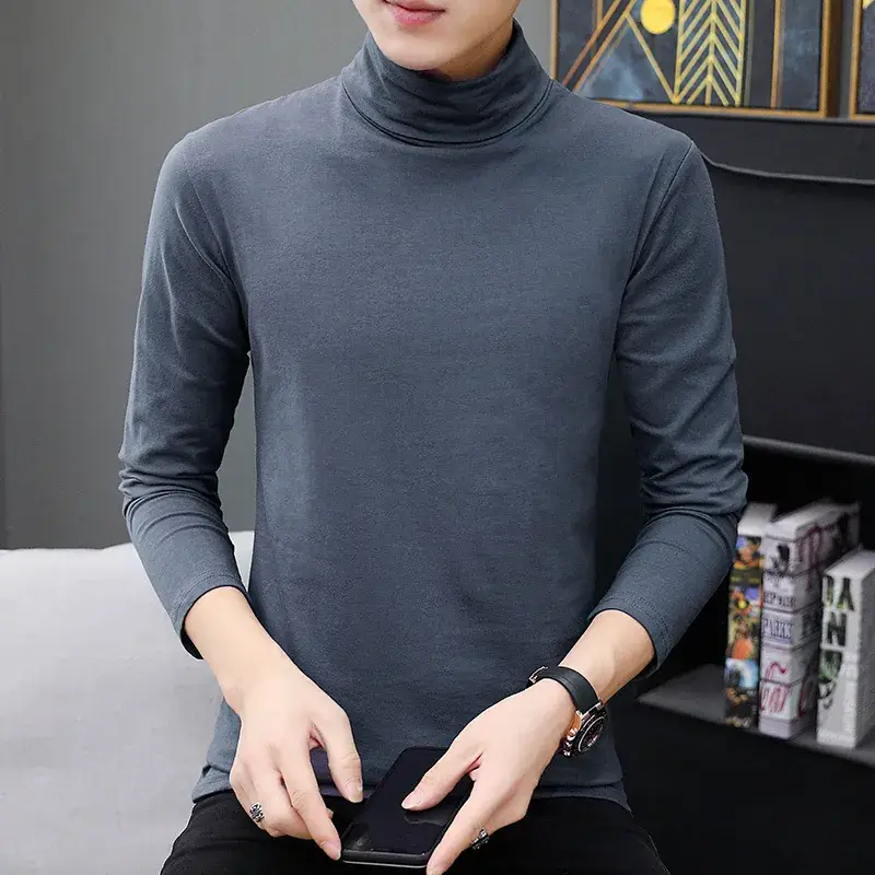 Men's 2025 Long Sleeve T-Shirt Solid Blue Slim Fit - Image 11