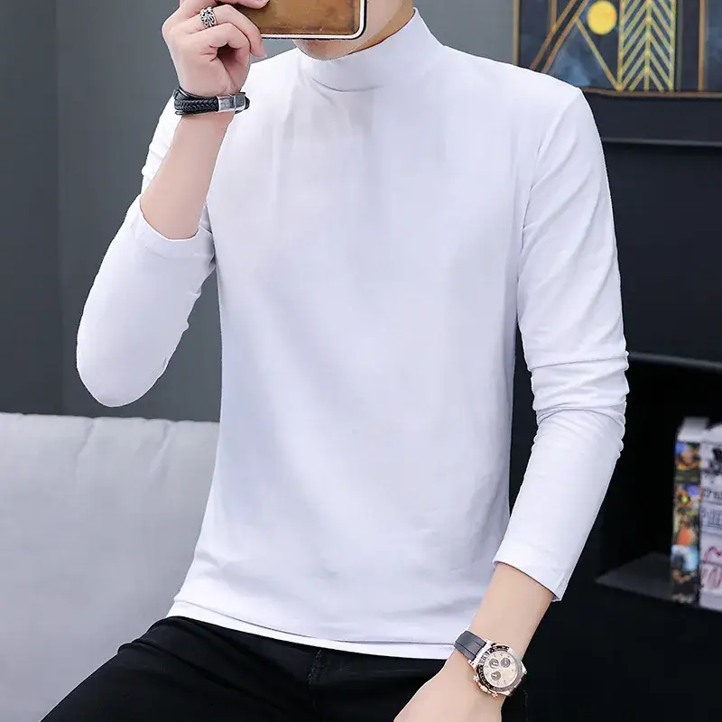 Men's 2025 Long Sleeve T-Shirt Solid Blue Slim Fit - Image 2