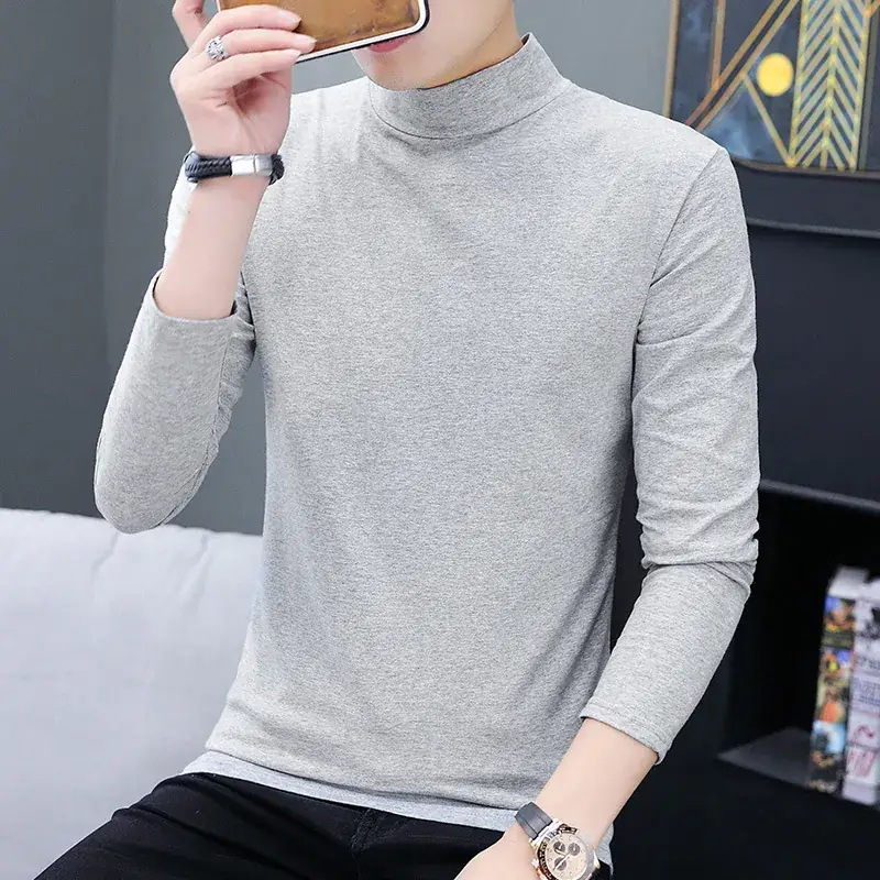 Men's 2025 Long Sleeve T-Shirt Solid Blue Slim Fit - Image 3