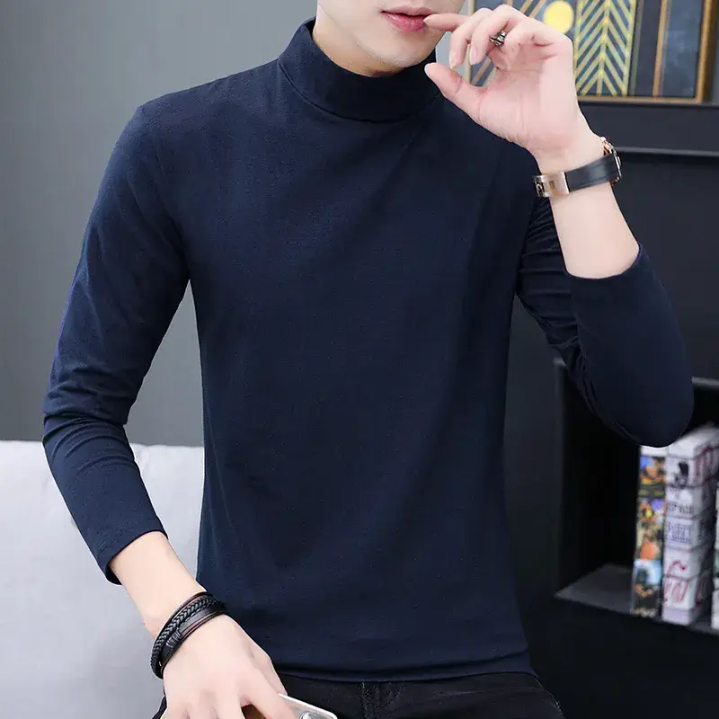 Men's 2025 Long Sleeve T-Shirt Solid Blue Slim Fit - Image 7