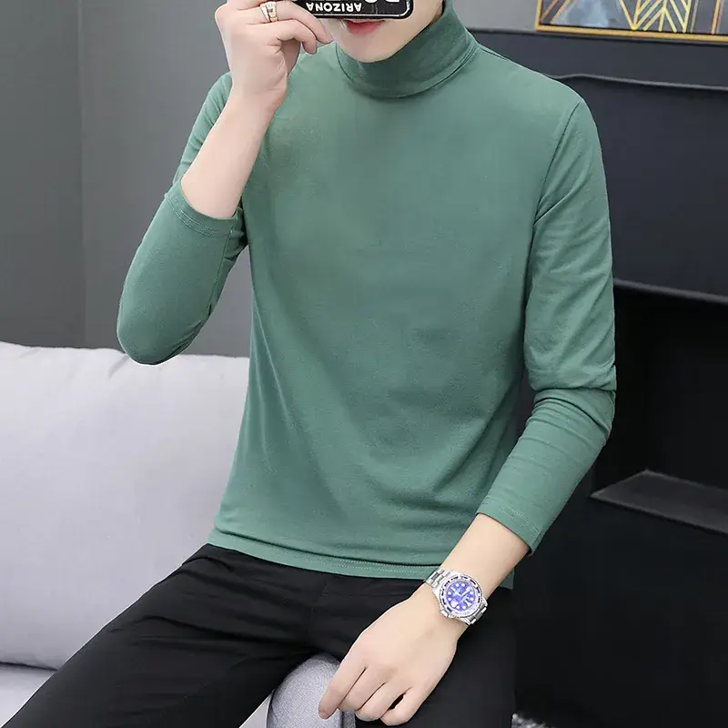 Men's Grey High Collar Long Sleeve T-Shirt - Image 8