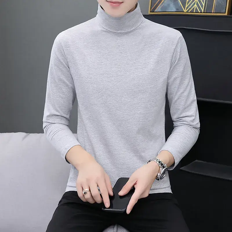 Men's Grey High Collar Long Sleeve T-Shirt - Image 9