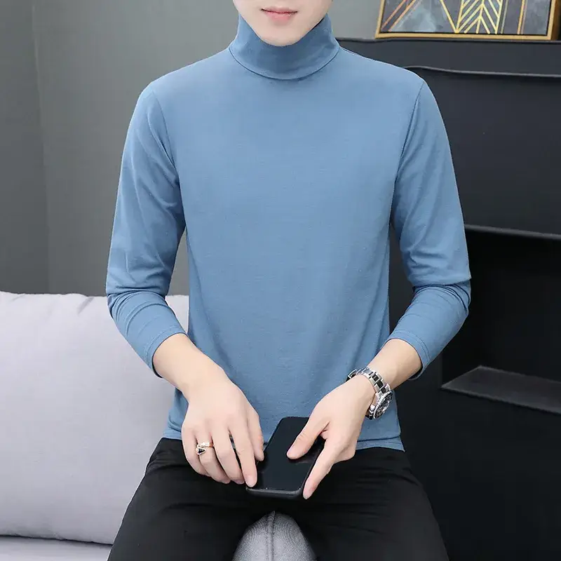 Men's Grey High Collar Long Sleeve T-Shirt - Image 10