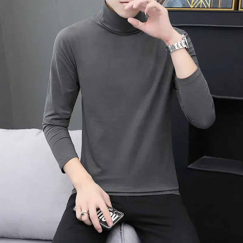 Men's Grey High Collar Long Sleeve T-Shirt - Image 11