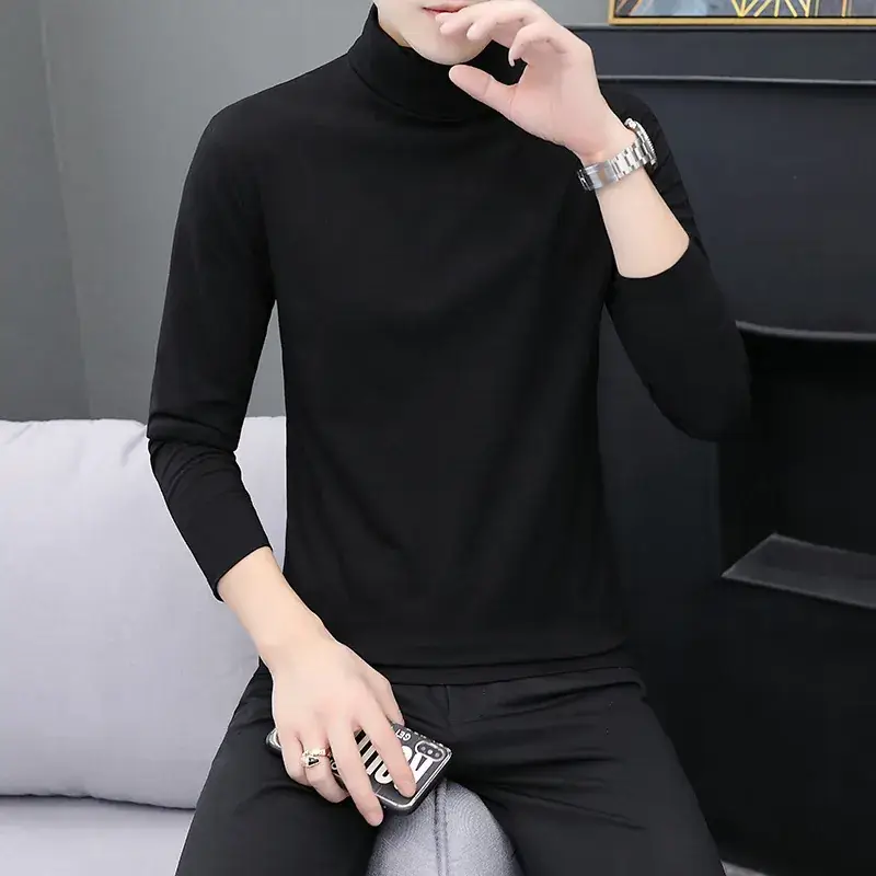 Men's Grey High Collar Long Sleeve T-Shirt - Image 2