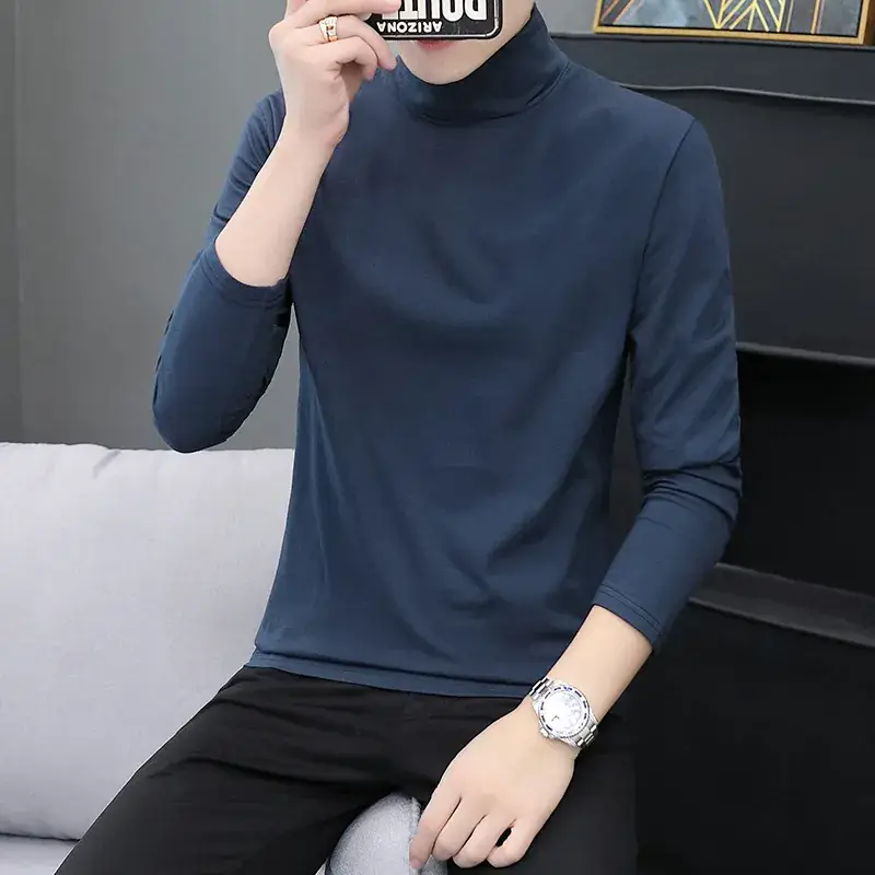 Men's Grey High Collar Long Sleeve T-Shirt - Image 7