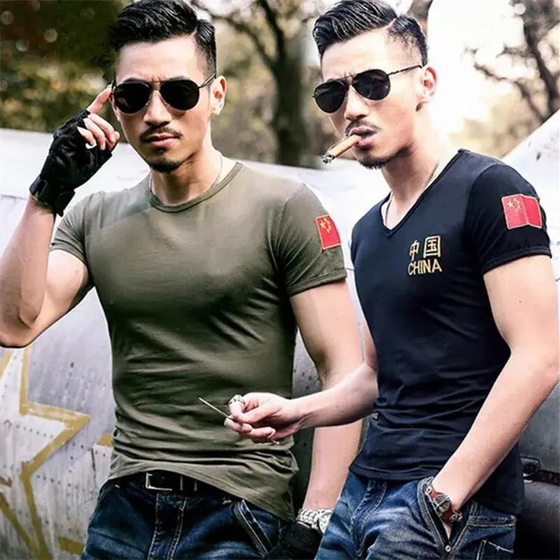 Men Black China Embroidered Camo T-Shirt Slim Fit