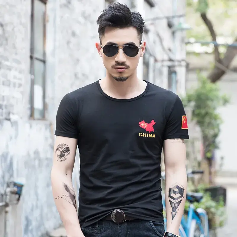 Men Black China Embroidered Camo T-Shirt Slim Fit