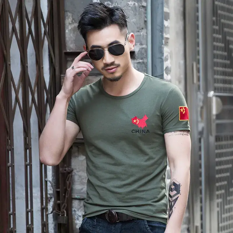 Men Black China Embroidered Camo T-Shirt Slim Fit