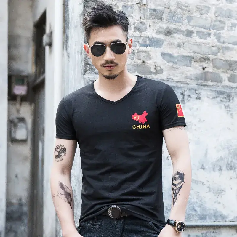 Men Black China Embroidered Camo T-Shirt Slim Fit