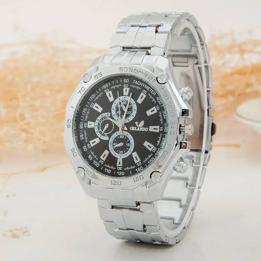Silver Chronograph Watch with Three Dots & Stainless Steel Band - Image 7