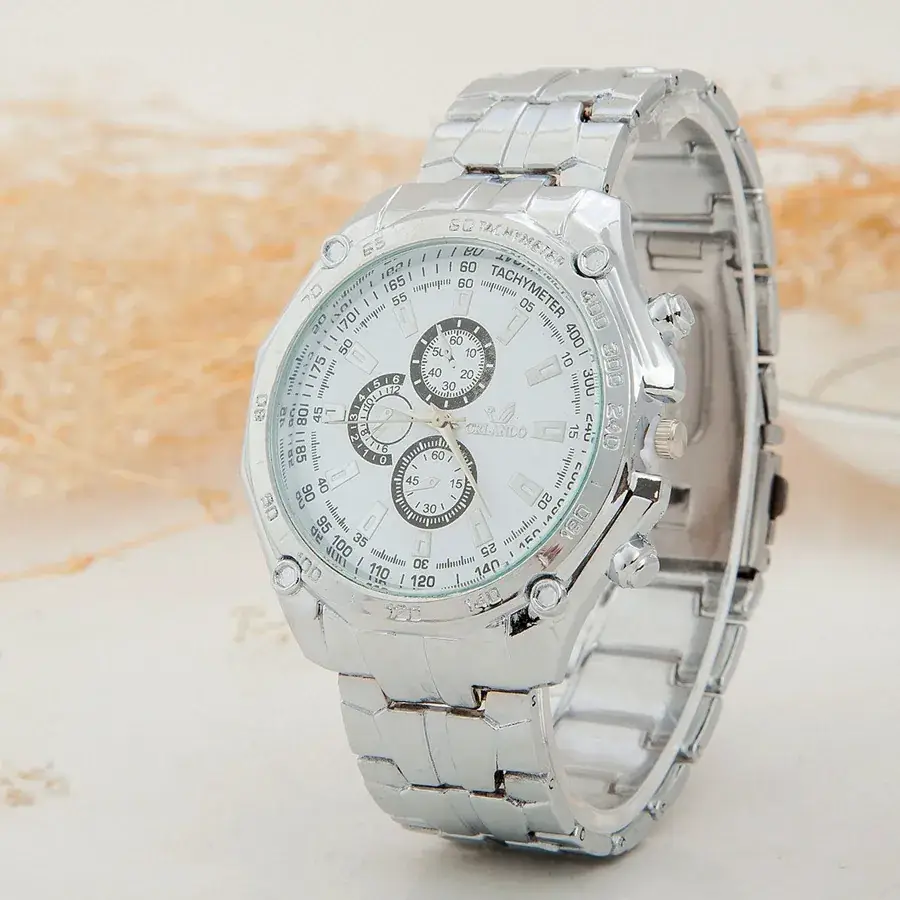 Silver Chronograph Watch with Three Dots & Stainless Steel Band - Image 4