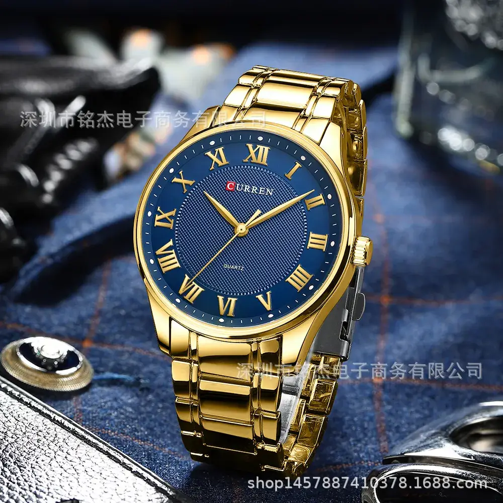 CURREN Men's Black Gold Roman Dial Quartz Watch - Image 7