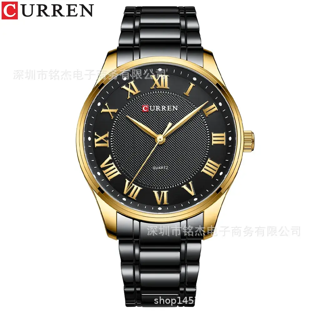 CURREN Men's Black Gold Roman Dial Quartz Watch - Image 4