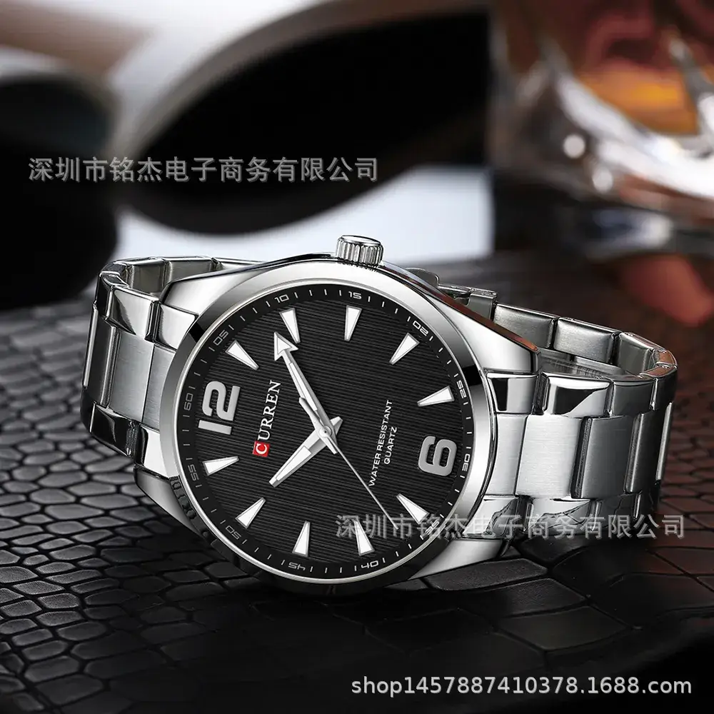 Men's Stainless Steel Quartz Watch with Black Dial